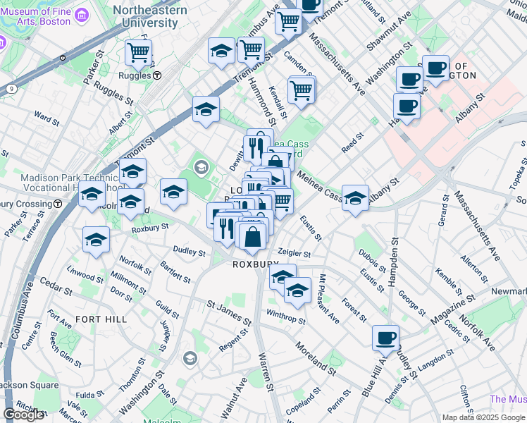 map of restaurants, bars, coffee shops, grocery stores, and more near 2201 Washington Street in Boston