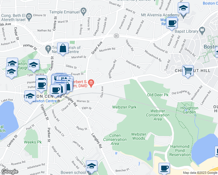 map of restaurants, bars, coffee shops, grocery stores, and more near in Newton