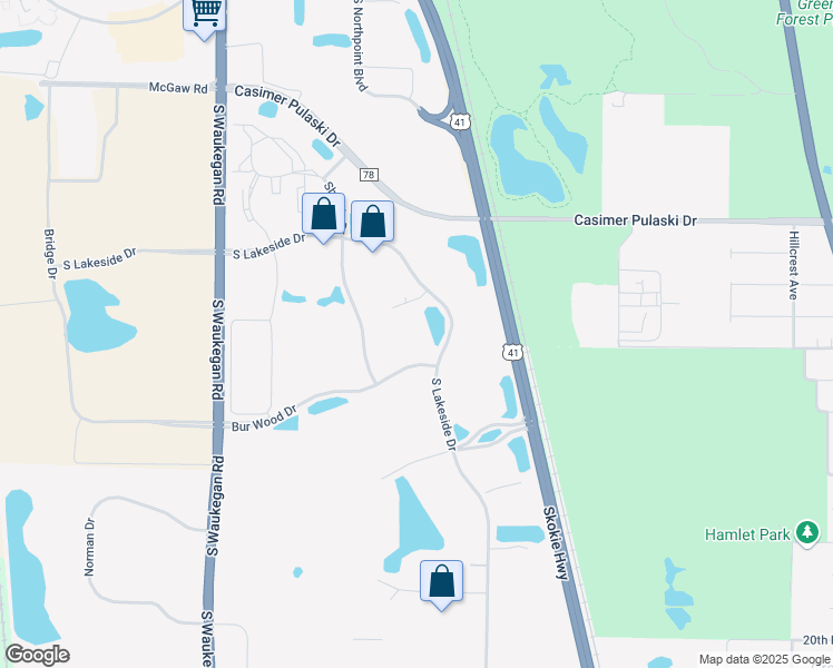 map of restaurants, bars, coffee shops, grocery stores, and more near 1580 South Lakeside Drive in Waukegan