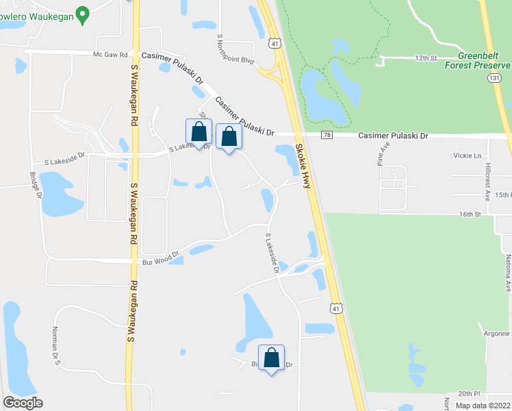 map of restaurants, bars, coffee shops, grocery stores, and more near 1580 South Lakeside Drive in Waukegan