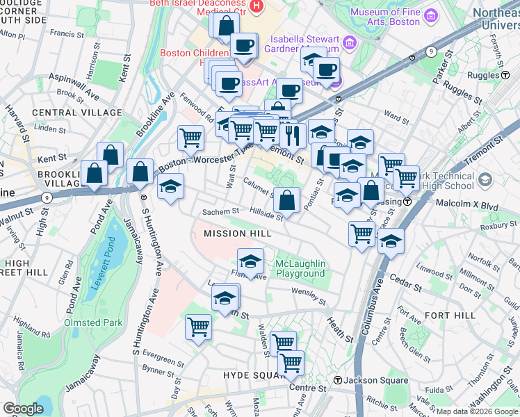 map of restaurants, bars, coffee shops, grocery stores, and more near 115 Hillside Street in Boston