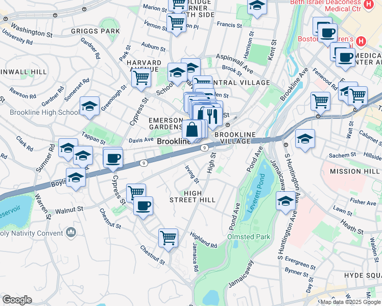 map of restaurants, bars, coffee shops, grocery stores, and more near 71 Massachusetts 9 in Brookline