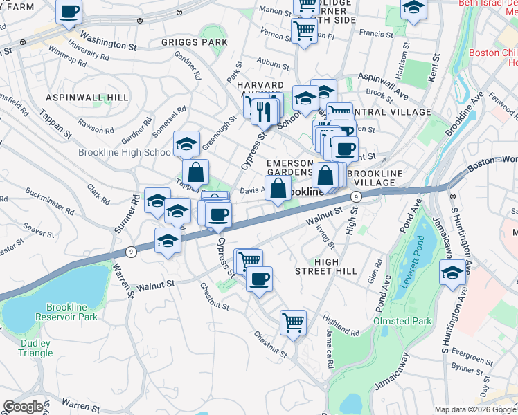 map of restaurants, bars, coffee shops, grocery stores, and more near 118 Davis Avenue in Brookline