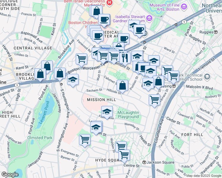 map of restaurants, bars, coffee shops, grocery stores, and more near 5 Oswald Street in Boston