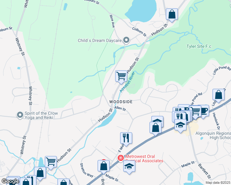 map of restaurants, bars, coffee shops, grocery stores, and more near Hudson Street in Northborough