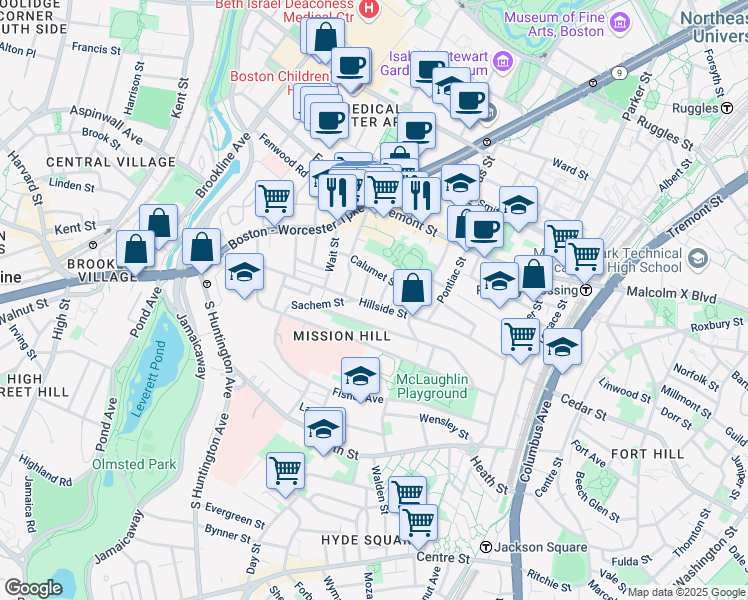 map of restaurants, bars, coffee shops, grocery stores, and more near 5 Oswald Street in Boston