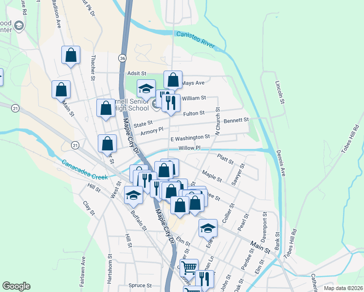 map of restaurants, bars, coffee shops, grocery stores, and more near 21 East Washington Street in Hornell