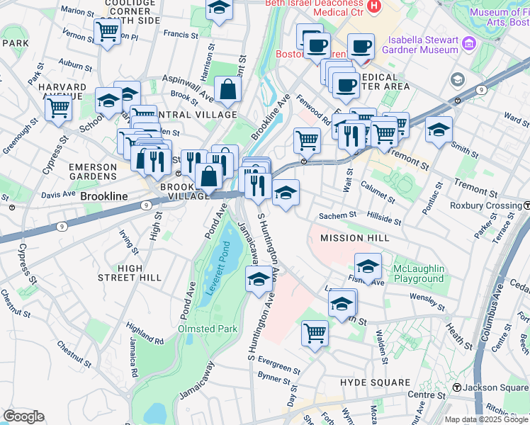 map of restaurants, bars, coffee shops, grocery stores, and more near 25-25A South Huntington Avenue in Boston