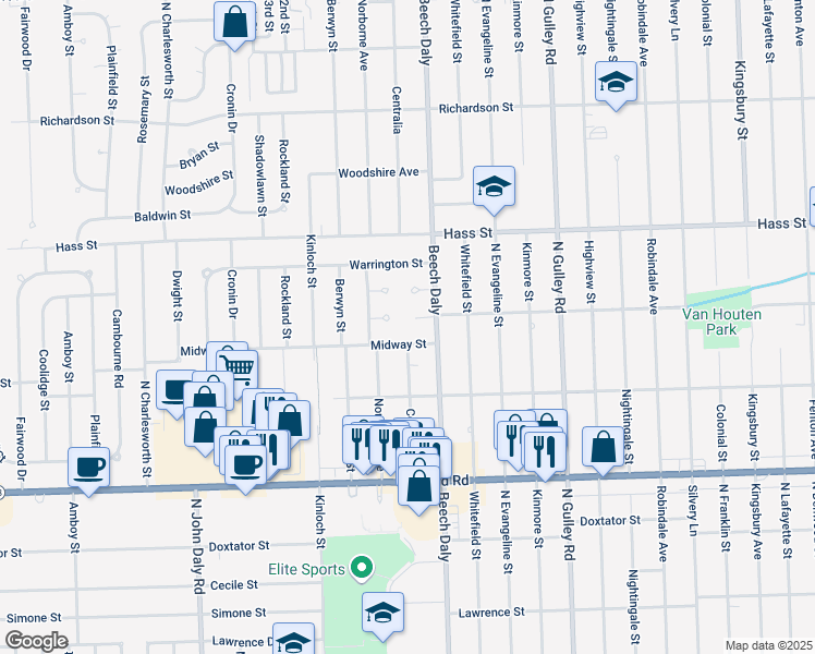 map of restaurants, bars, coffee shops, grocery stores, and more near 6075 South Bankle Court in Dearborn Heights