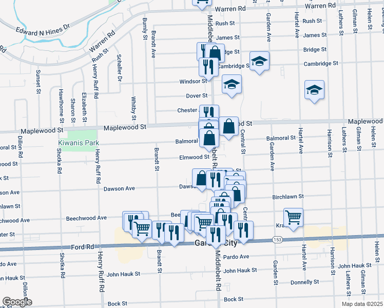 map of restaurants, bars, coffee shops, grocery stores, and more near 29520 Elmwood Street in Garden City
