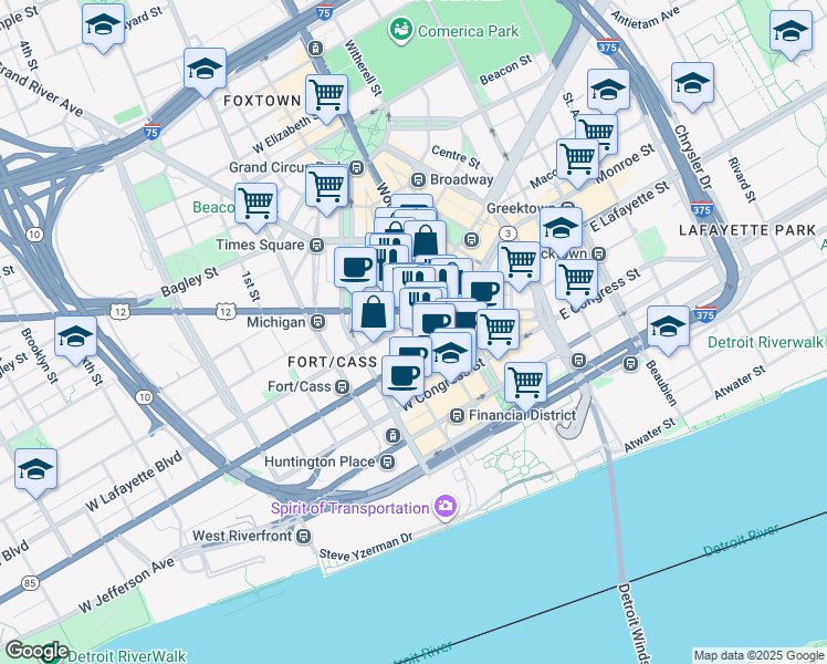 map of restaurants, bars, coffee shops, grocery stores, and more near 131 West Lafayette Boulevard in Detroit