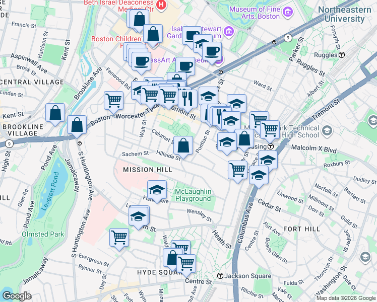 map of restaurants, bars, coffee shops, grocery stores, and more near 101 Calumet Street in Boston