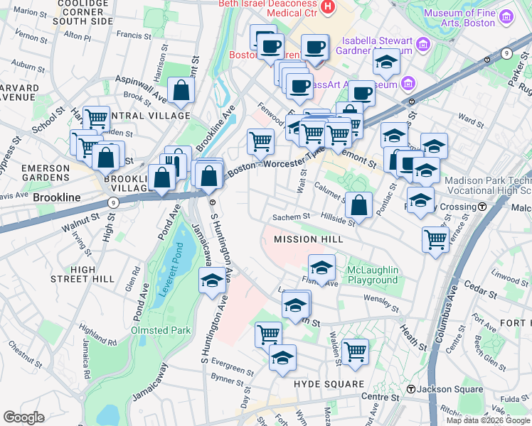 map of restaurants, bars, coffee shops, grocery stores, and more near 11 Sunset Street in Boston