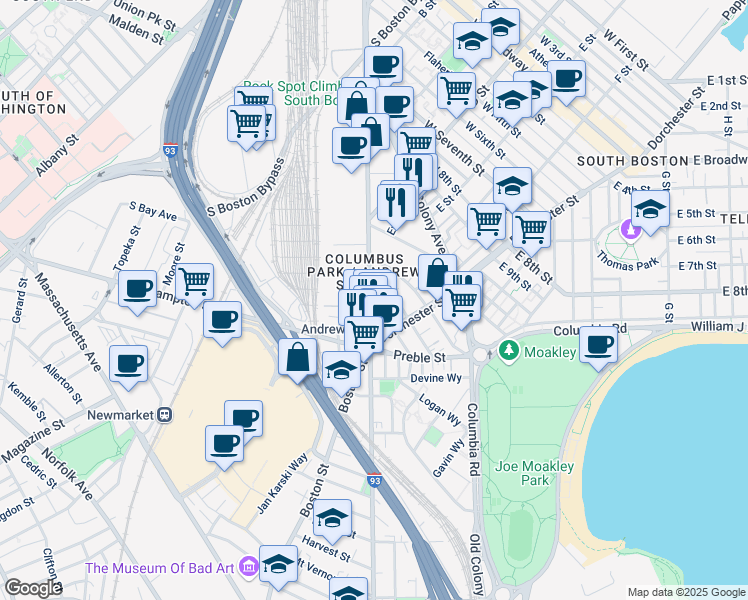 map of restaurants, bars, coffee shops, grocery stores, and more near 21 Woodward Street in Boston