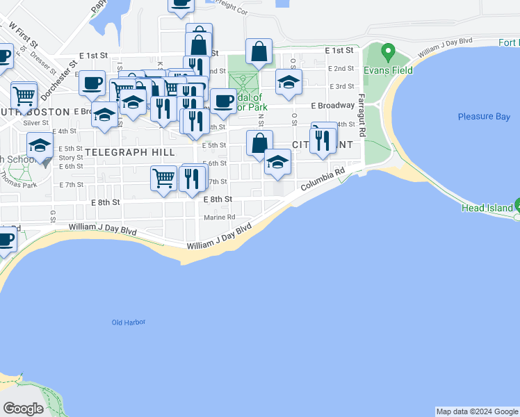 map of restaurants, bars, coffee shops, grocery stores, and more near 245 N Street in Boston
