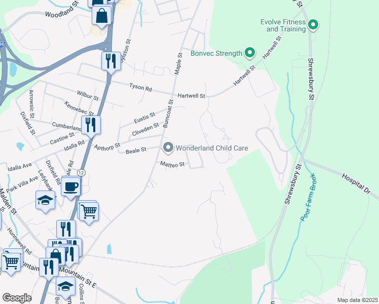 map of restaurants, bars, coffee shops, grocery stores, and more near 31 Santoro Road in Worcester
