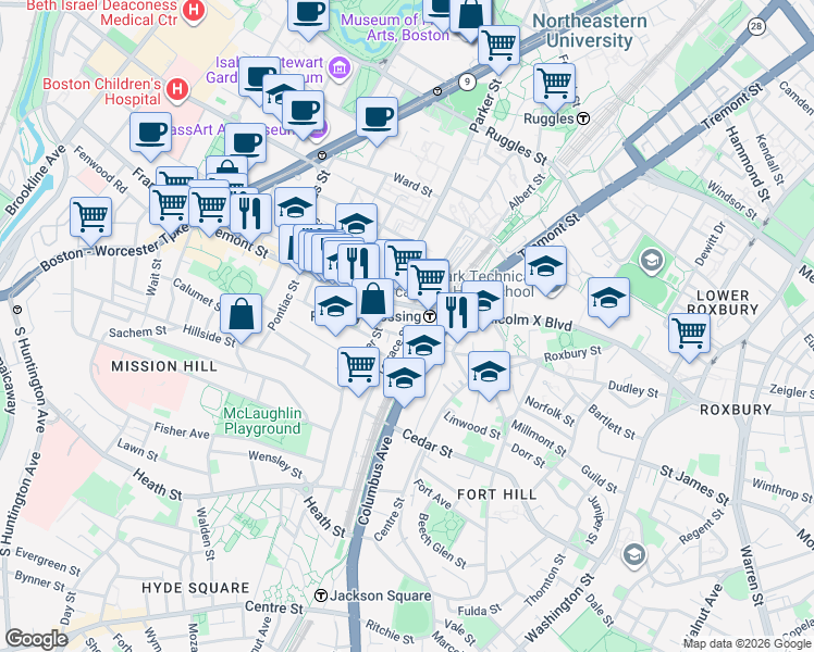 map of restaurants, bars, coffee shops, grocery stores, and more near 3 Morton Place in Boston