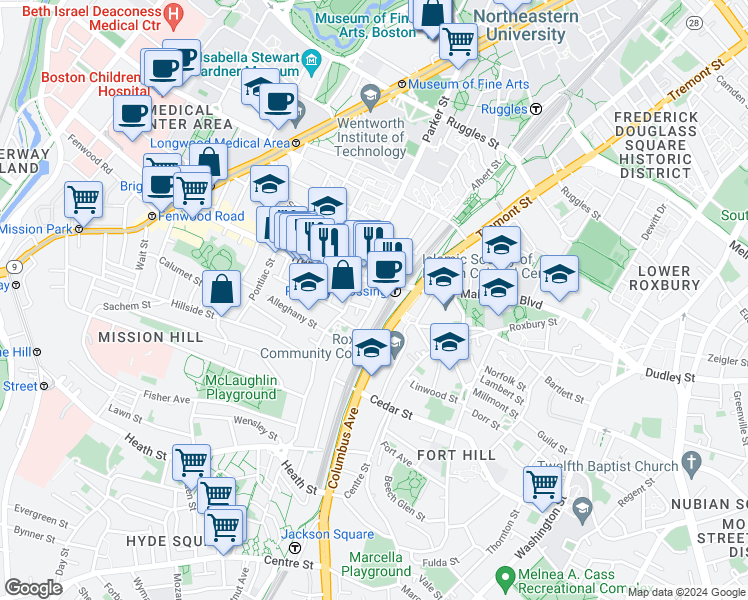 map of restaurants, bars, coffee shops, grocery stores, and more near 24 Terrace Street in Boston