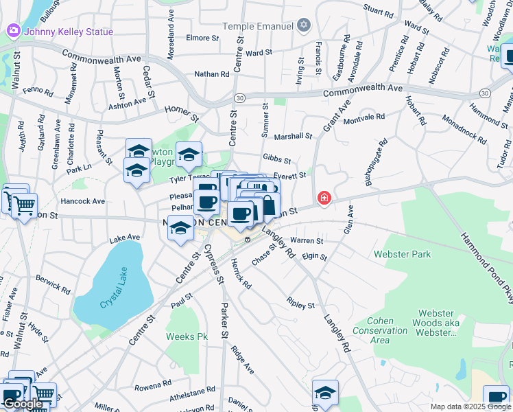 map of restaurants, bars, coffee shops, grocery stores, and more near 206 Sumner Street in Newton