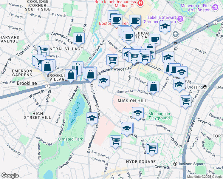map of restaurants, bars, coffee shops, grocery stores, and more near 11 Sunset Street in Boston