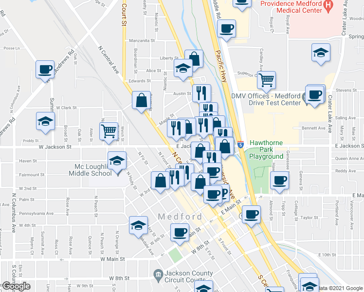 map of restaurants, bars, coffee shops, grocery stores, and more near E Jackson St & N Bartlett St in Medford