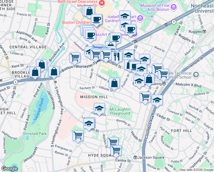 map of restaurants, bars, coffee shops, grocery stores, and more near 5 Oswald Street in Boston