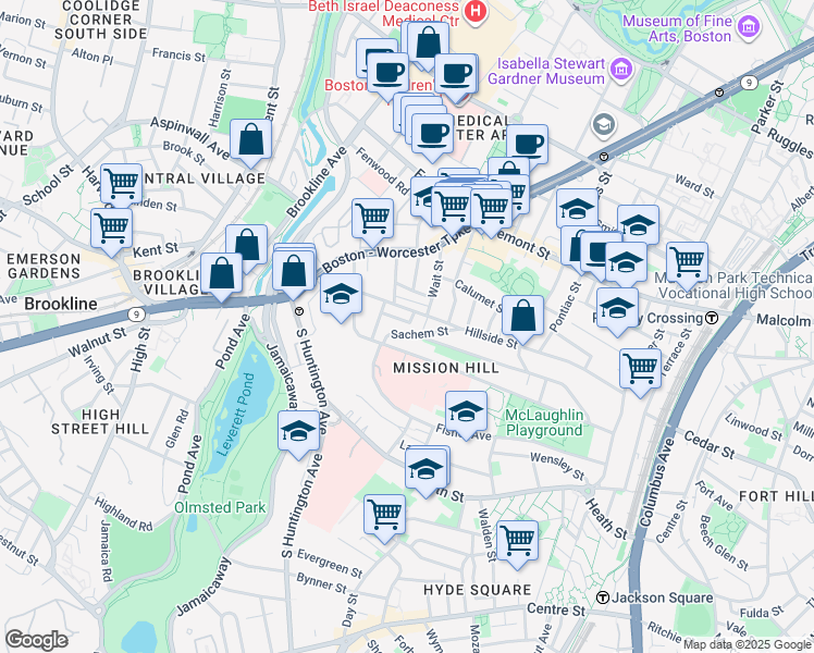 map of restaurants, bars, coffee shops, grocery stores, and more near 168 Hillside Street in Boston