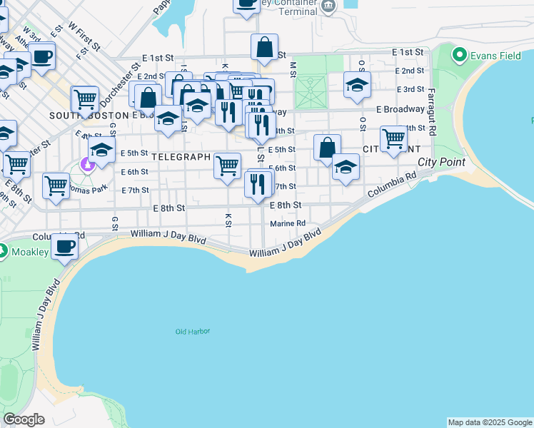 map of restaurants, bars, coffee shops, grocery stores, and more near 656 East 8th Street in Boston