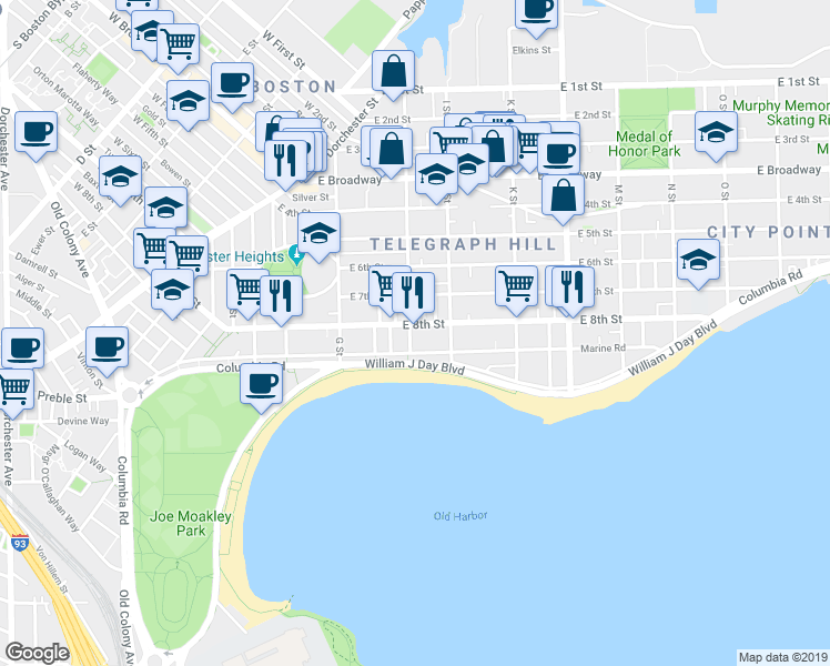 map of restaurants, bars, coffee shops, grocery stores, and more near 500-A East 8th Street in Boston