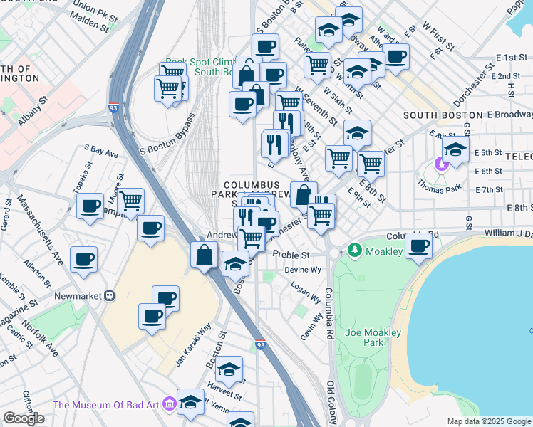 map of restaurants, bars, coffee shops, grocery stores, and more near 21 Woodward Street in Boston