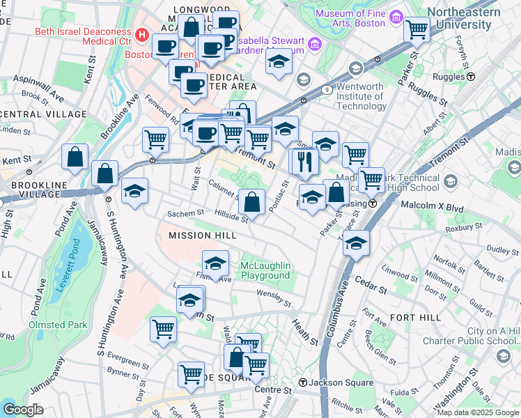 map of restaurants, bars, coffee shops, grocery stores, and more near 101 Calumet Street in Boston