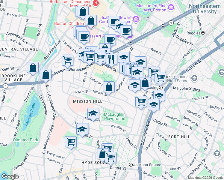 map of restaurants, bars, coffee shops, grocery stores, and more near 101 Calumet Street in Boston