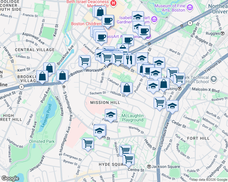 map of restaurants, bars, coffee shops, grocery stores, and more near 5 Oswald Street in Boston
