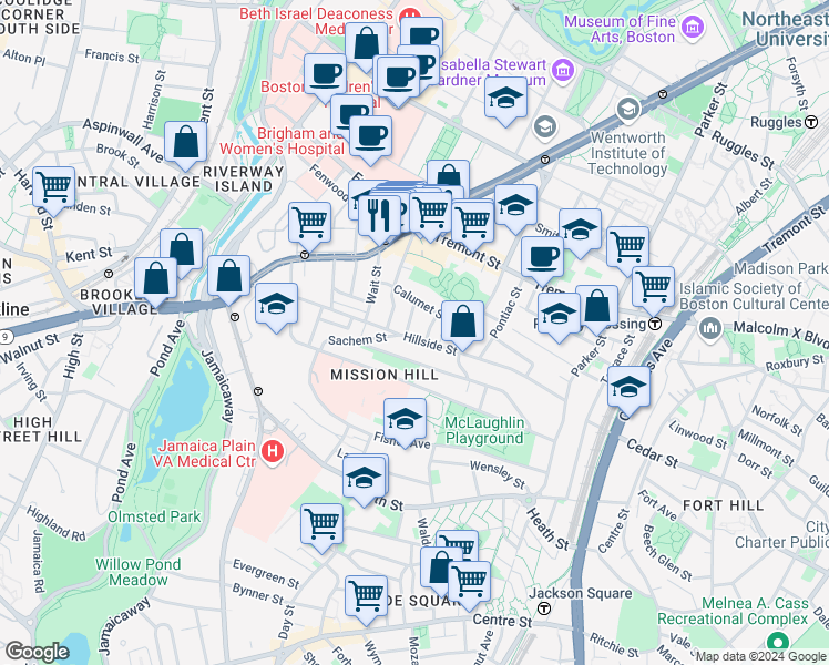 map of restaurants, bars, coffee shops, grocery stores, and more near 5 Oswald Street in Boston