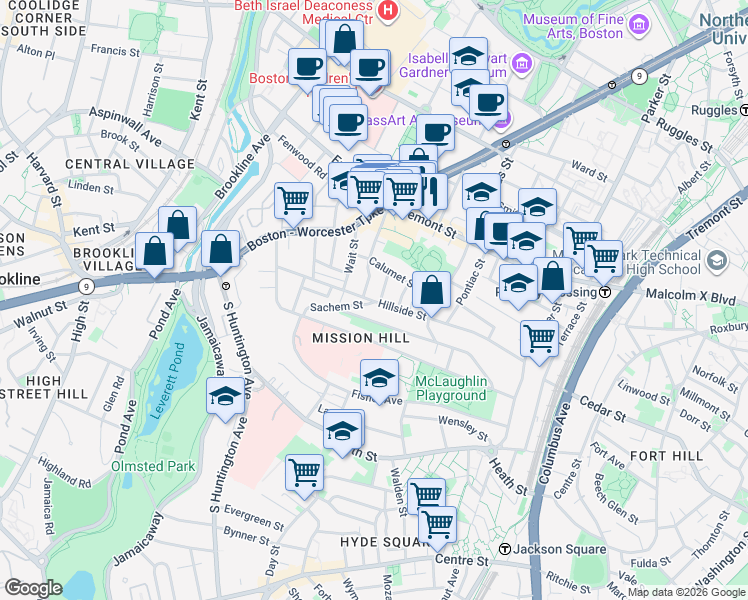 map of restaurants, bars, coffee shops, grocery stores, and more near 39 Darling Street in Boston