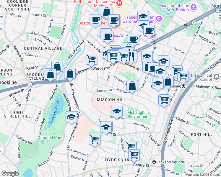 map of restaurants, bars, coffee shops, grocery stores, and more near 39 Darling Street in Boston