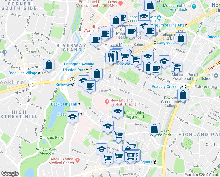 map of restaurants, bars, coffee shops, grocery stores, and more near 39 Darling Street in Boston