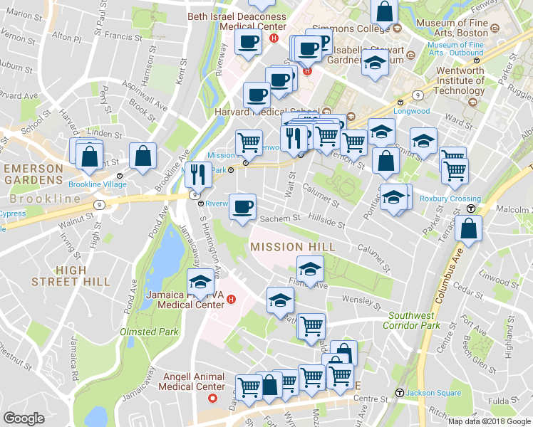 map of restaurants, bars, coffee shops, grocery stores, and more near 168 Hillside Street in Boston