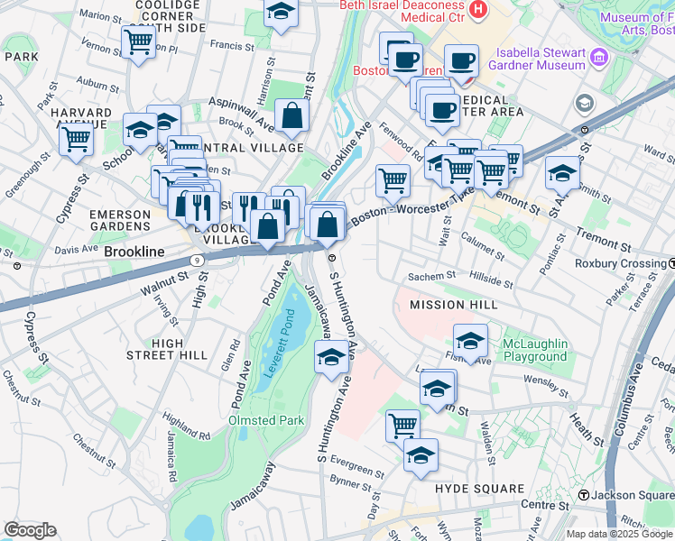 map of restaurants, bars, coffee shops, grocery stores, and more near 25-25A South Huntington Avenue in Boston