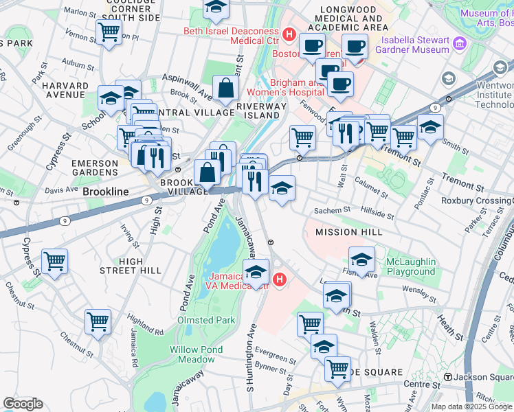 map of restaurants, bars, coffee shops, grocery stores, and more near 25-25A South Huntington Avenue in Boston