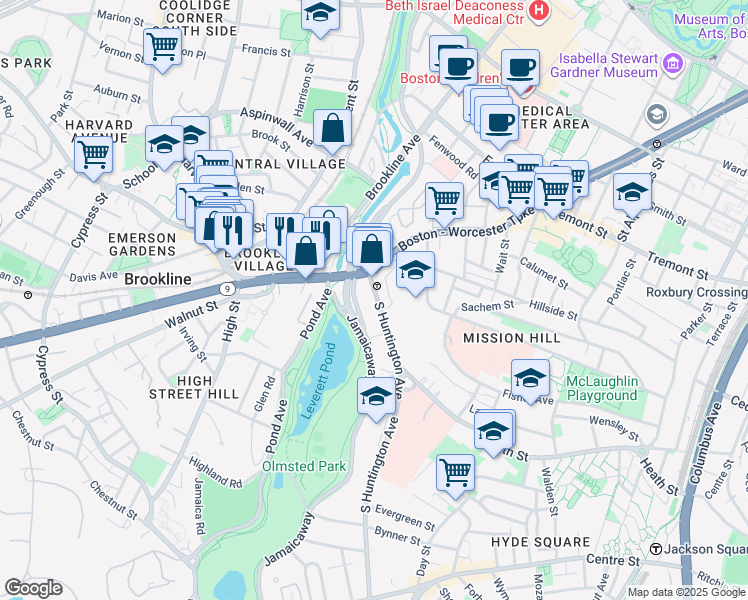 map of restaurants, bars, coffee shops, grocery stores, and more near 25-25A South Huntington Avenue in Boston