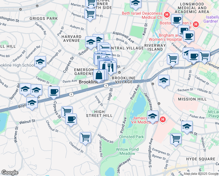 map of restaurants, bars, coffee shops, grocery stores, and more near 9 Boylston Street in Brookline
