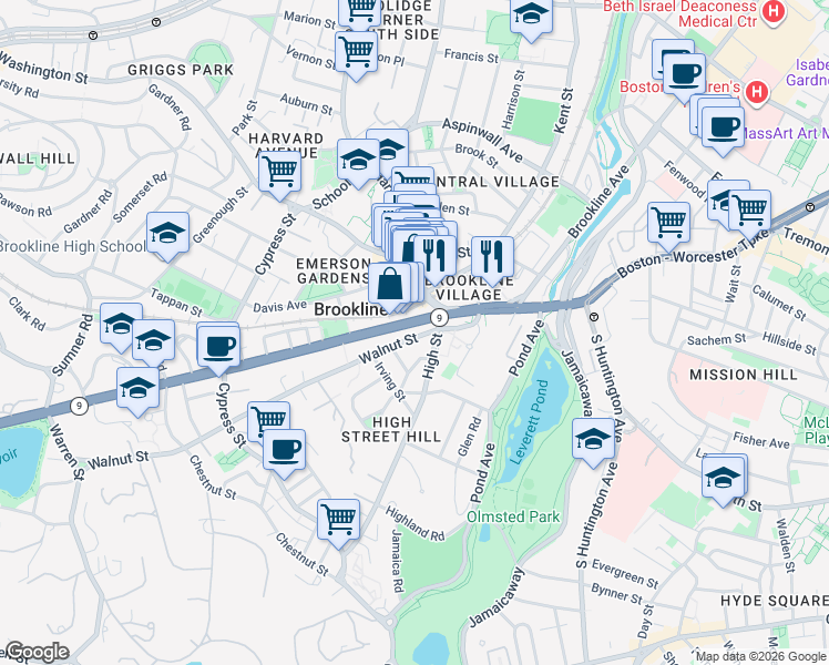 map of restaurants, bars, coffee shops, grocery stores, and more near 9 Boylston Street in Brookline