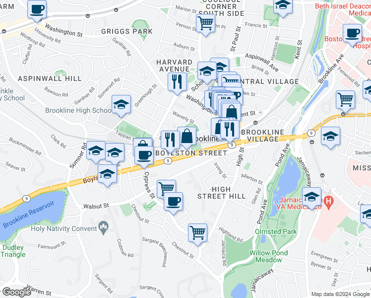 map of restaurants, bars, coffee shops, grocery stores, and more near 88 Davis Avenue in Brookline