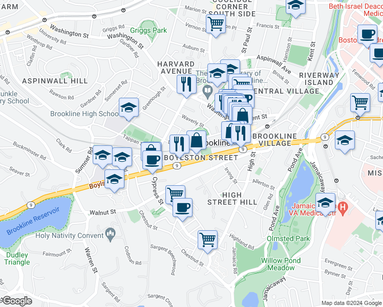 map of restaurants, bars, coffee shops, grocery stores, and more near 88 Davis Avenue in Brookline