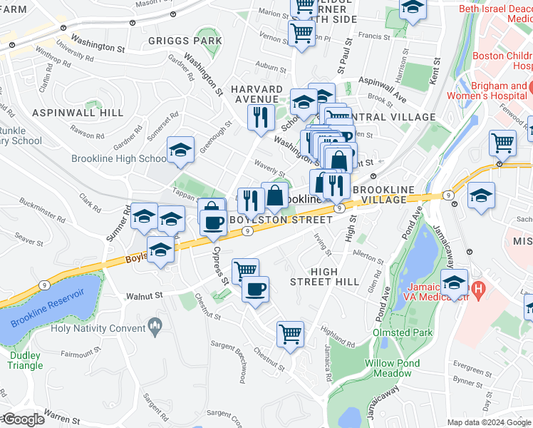 map of restaurants, bars, coffee shops, grocery stores, and more near 88 Davis Avenue in Brookline