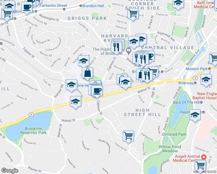 map of restaurants, bars, coffee shops, grocery stores, and more near 118 Davis Avenue in Brookline