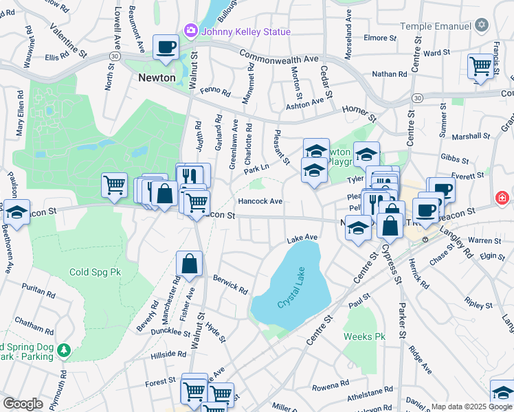 map of restaurants, bars, coffee shops, grocery stores, and more near 65 Hancock Avenue in Newton