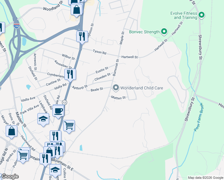 map of restaurants, bars, coffee shops, grocery stores, and more near 1 Santoro Road in Worcester