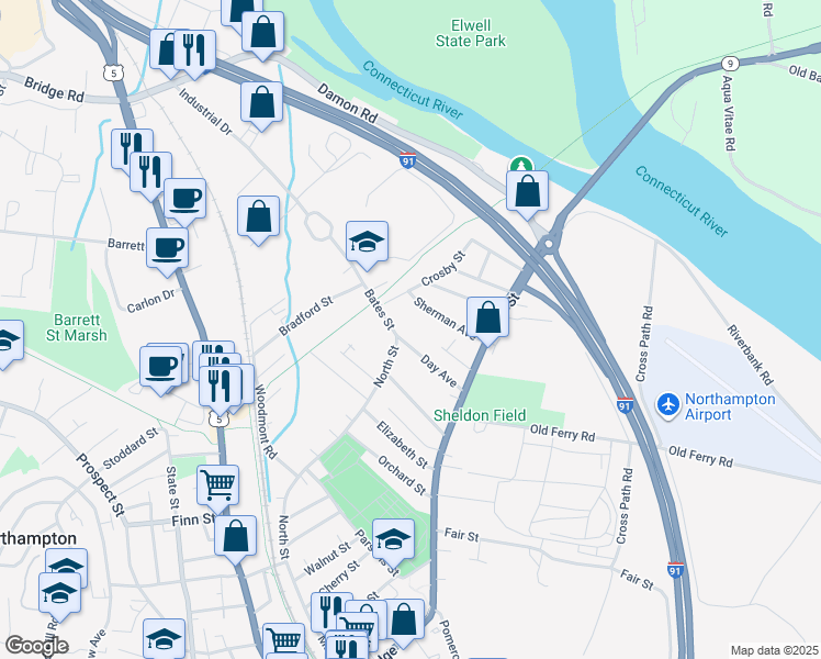 map of restaurants, bars, coffee shops, grocery stores, and more near 54 Sherman Avenue in Northampton